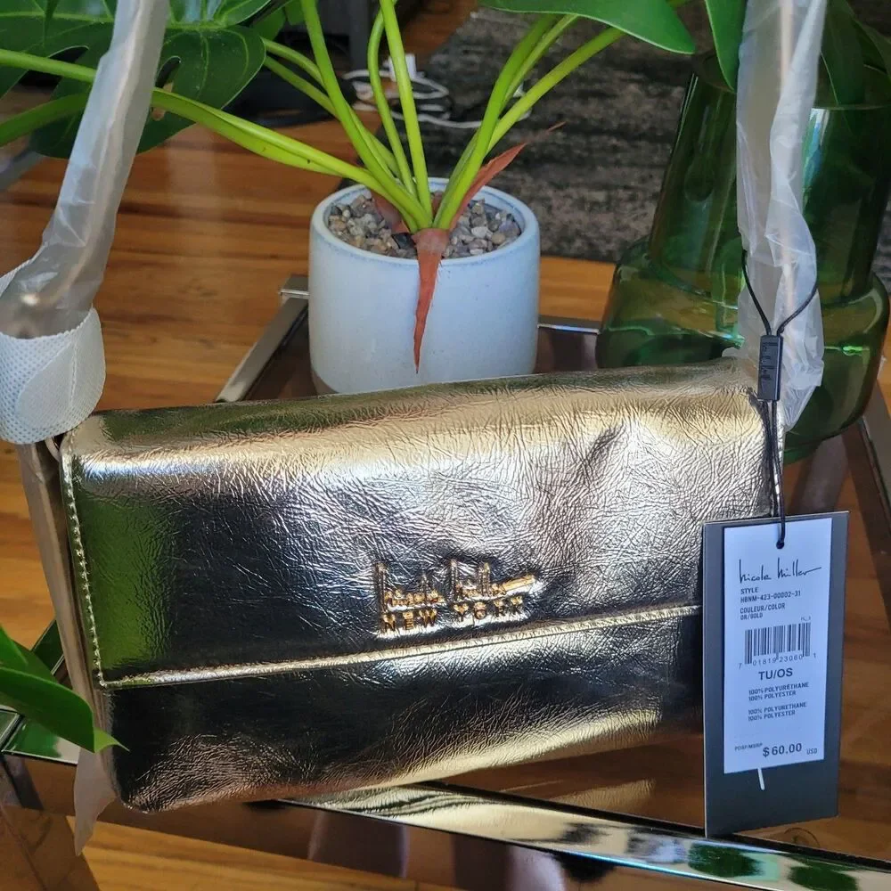 Nicole Miller Metallic Gold Vegan Leather Handbag Purse Shoulder Bag NWT $60 NEW - Picture 14 of 16